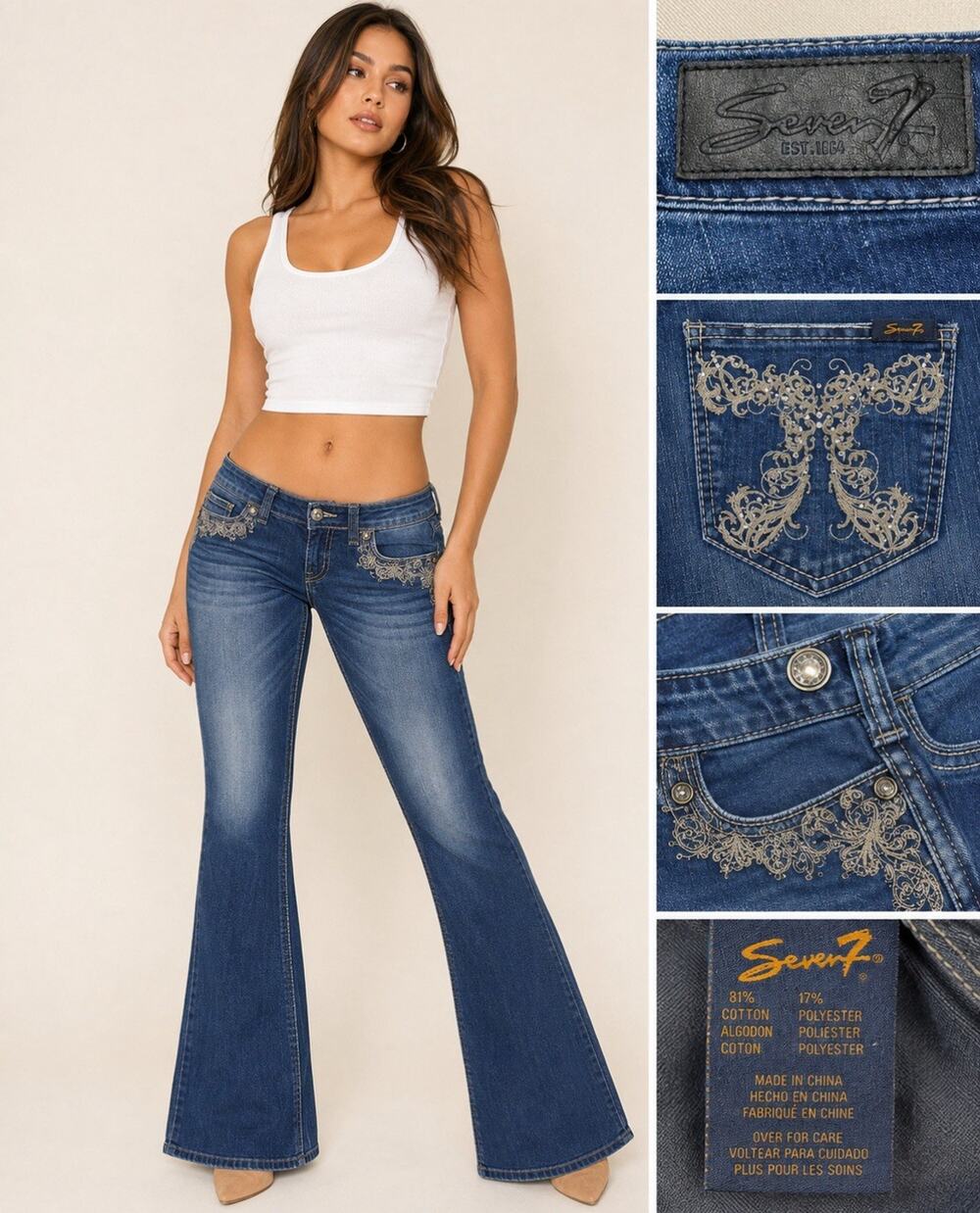 Y2K Indie Sleaze Seven7 Bootcut Jeans 8 Dark Wash Indigo Embroidered Low Rise